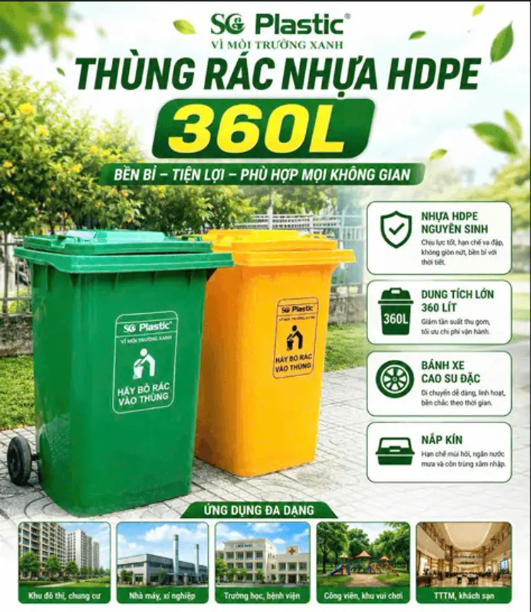 Thùng rác công cộng 360L HDPE Nhựa Sài Gòn bền đẹp 