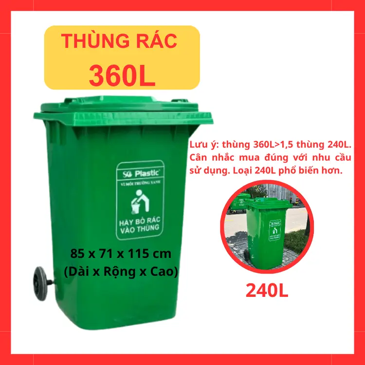 Thùng rác công cộng 360L HDPE Nhựa Sài Gòn bền đẹp 